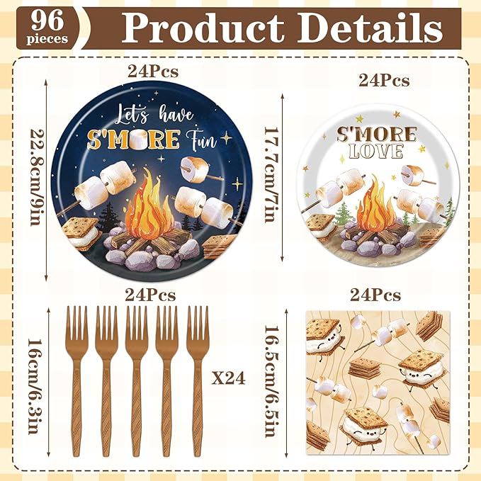 Smores Camping Birthday Party Decorations, 96PCS Camping Disposable Paper Plates and Napkin Tableware Decoration Let‘s Have S'more Fun Forks Decor Baby Shower Supplies, Serves 24