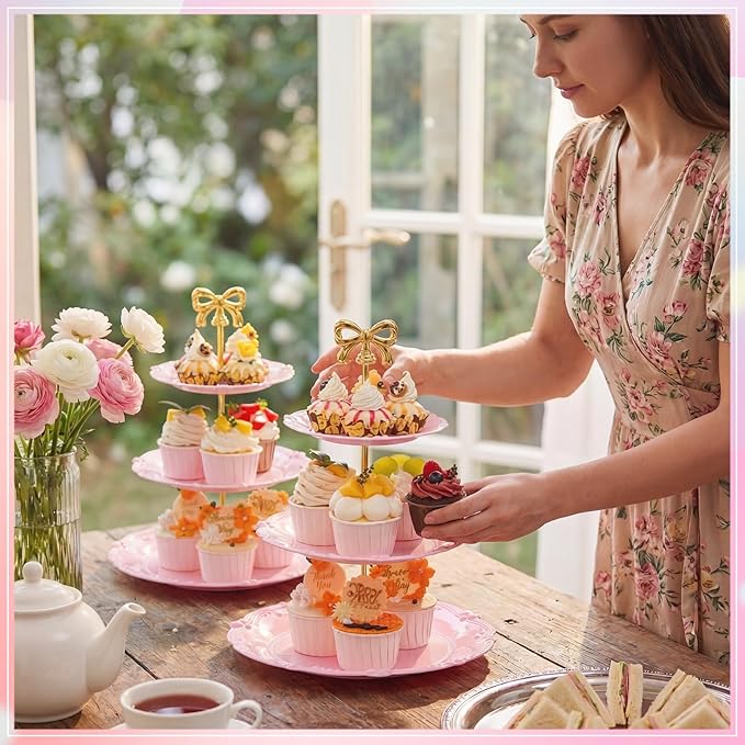 3 Sets Tea Party Decorations of 3 Tier Wedding Plastic Dessert Table Display Set Cupcake Stand Dessert Plates Cake Candy Display Tower Wedding Birthday Baby Shower Tea Party Decoration