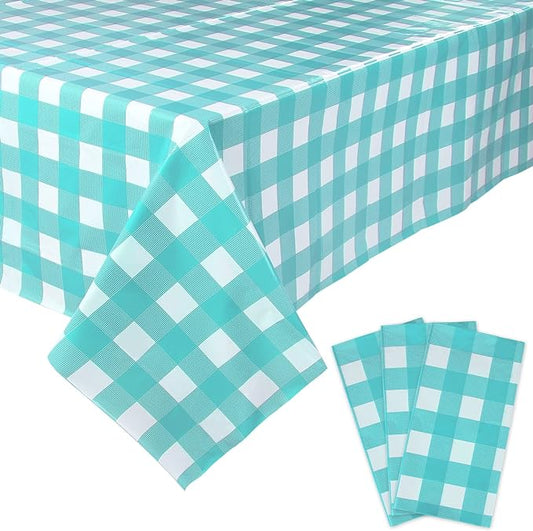 Kesfey 3 Packs Aqua and White Gingham Table Cloths 54 x 108 Inches Disposable Plastic Checkered Tablecovers Waterproof Rectangle Picnic Party Table Covers for Birthday Party Supplies Christmas