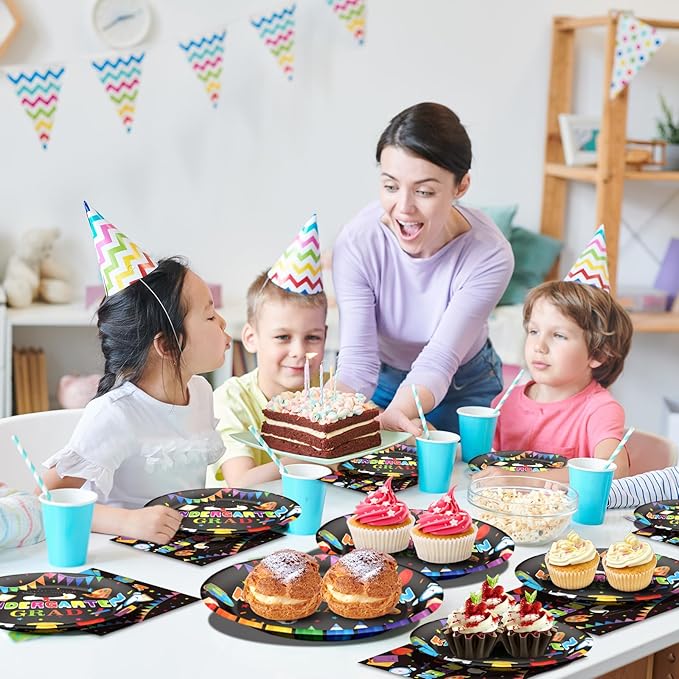96 Pcs Kindergarten Graduation Paper Plates and Napkins Disposable Pre-K Grad Party Supplies Decorations Tableware for 2026 Preschool Kindergarten Graduation Party Supplies