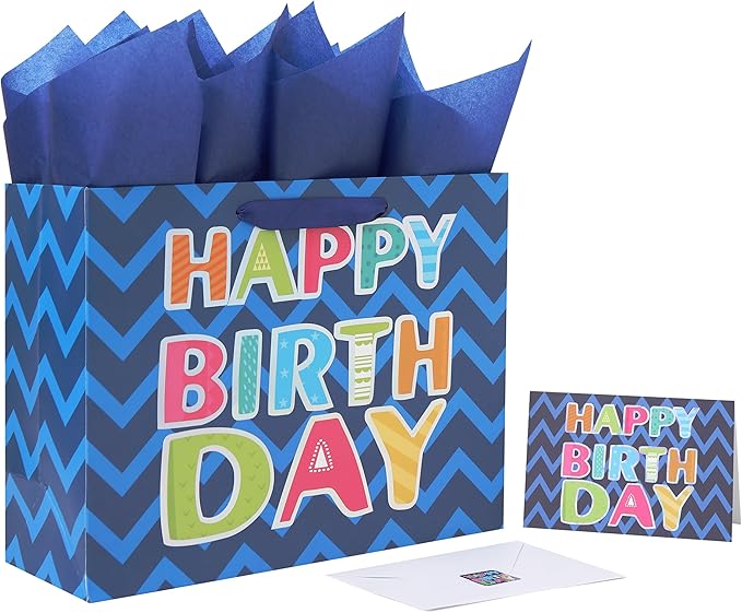 Qirrmiy 13" Large Blue Gift Bag Set with Greeting Card and White Tissue Papers (Laser Foil 'Happy Birthday') for Men's Birthday Party, Boys' or Kids' Parties, Baby Boy - 13”x5.2”x10.2”, 1 Pcs.