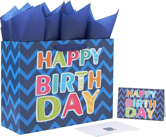 Qirrmiy 13" Large Blue Gift Bag Set with Greeting Card and White Tissue Papers (Laser Foil 'Happy Birthday') for Men's Birthday Party, Boys' or Kids' Parties, Baby Boy - 13”x5.2”x10.2”, 1 Pcs.