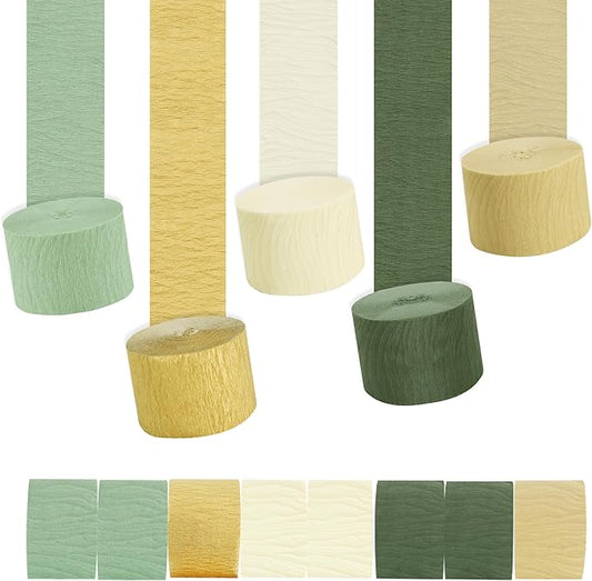 BEISHIDA 8 Rolls Sage Green Khaki and Gold Crepe Paper Streamers for Boho Theme Party Decorations Wedding Birthday Baby Shower DIY Craft Paper(1.8 Inch x 82 Ft/Roll)