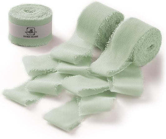 DORIS HOME Sage Green Chiffon Ribbon for Flower Bouquet, 1" x21Yd Fabric Ribbon for Gift Wrapping, Handmade Frayed Ribbon for Wedding Invitations/Christmas Decorations