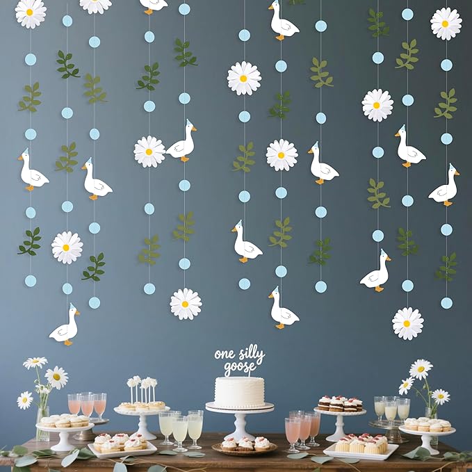 Blue Silly Goose 3D Daisy Flower Leaf Polka Dot Hanging Streamer Garland Banner for One Silly Goose Theme Birthday Wedding Baby Shower Bridal Shower Spring Summer Theme Party Decorations Supplies