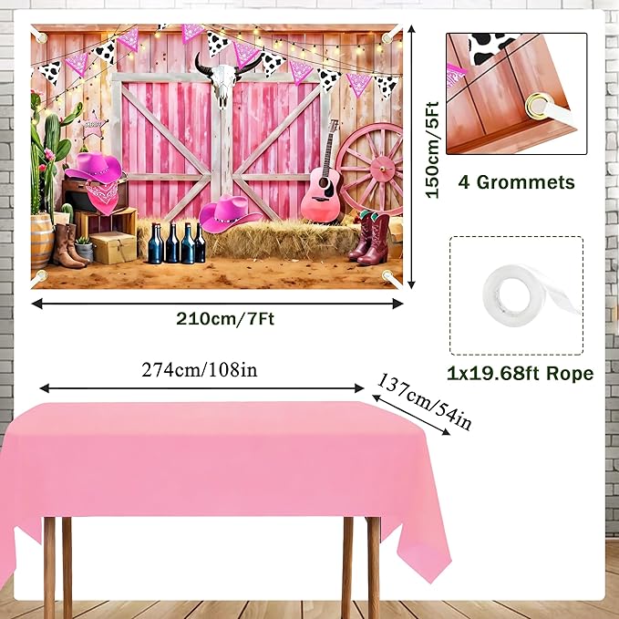 74Pcs Cowgirl Party Pink Western Balloon Arch Kit 7x5Ft Cowgirl Backdrop with Tablecloth, 68 Balloons West Rodeo Photo Booth Prop for Girls Cowboy Birthday Party