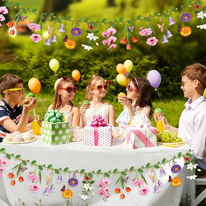2PCS Flower Banner Reusable Wildflower Garland Floral for Spring Party Enchanted Garden Theme Picnic Wedding Baby Shower Birthday Tea Party Christmas Valentine's Day Supplies Home Decorations