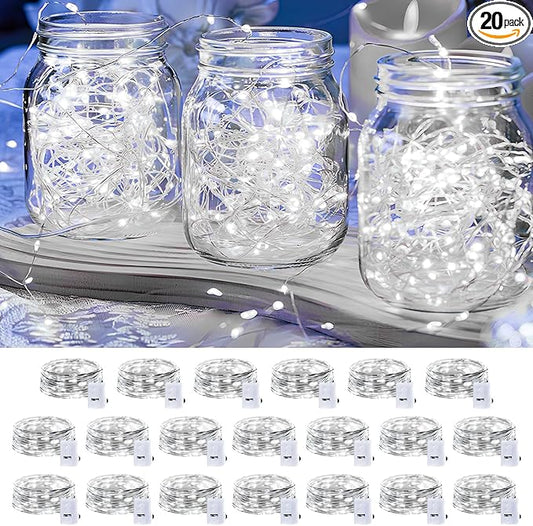 20 Pack LED Fairy Lights Battery Operated,7FT 20 LED Waterproof Mini Twinkle String Lights Battery Powered for Christmas Mason Jars Party Cool White