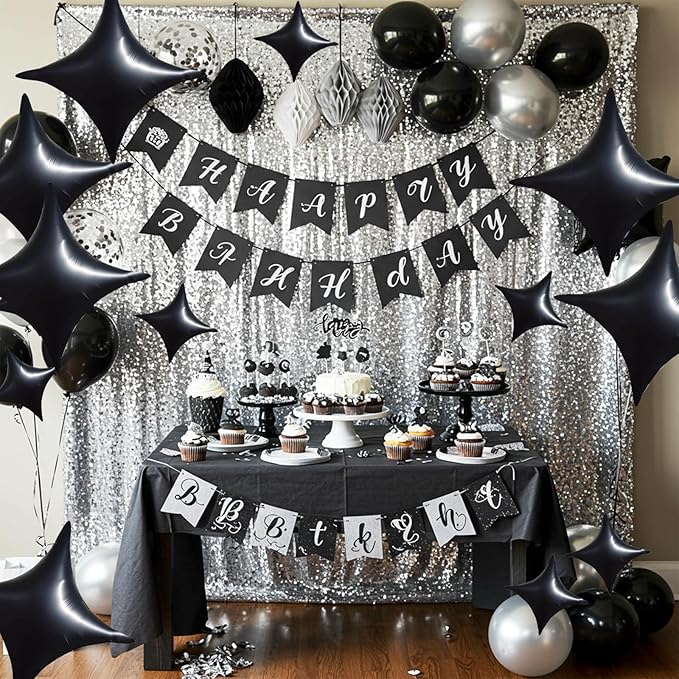 TONIFUL 30Pcs 26In&10In Star Balloons Black Four Pointed Foil Mini Star Mylar Balloons for New Year Halloween Chrismas Birthday Wedding Anniversary Engagement