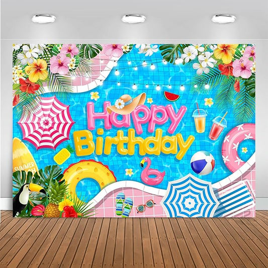 Mocsicka Summer Pool Birthday Party Backdrop Swimming for Happy Birthday Party Decorations Floral Lifebuoy Fruit Water Flamingo Photography Background (Blue, 10x8ft(120''x96''))
