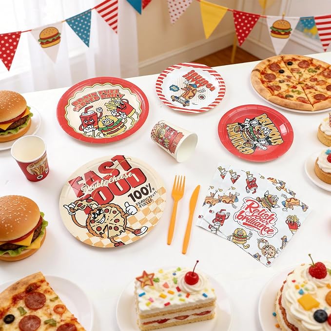 144Pcs Food Birthday Party Supplies Decorations Hamburger Fried Chicken Fries Themed Paper Plates Napkins Vintage Party Tableware Disposable Dinnerware for Boy Kid Birthday Table Decor, Serve 24