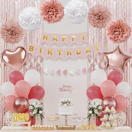 Dusty Pink Birthday Decorations for Women, Happy Birthday Party Decorations, Happy Birthday Banner, Retro Blush Pink White Rose Gold Balloons, Paper Pompoms, Heart Garland, Party Decor for Girls