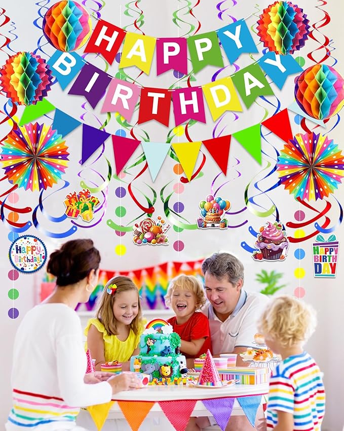 Pre-Strung Colorful Happy Birthday Banner Paper Triangle Flag Bunting Circle Confetti Dots Hanging Garland And Honeycomb Ball Swirl Streamers for Birthday Baby Shower Party Decoration