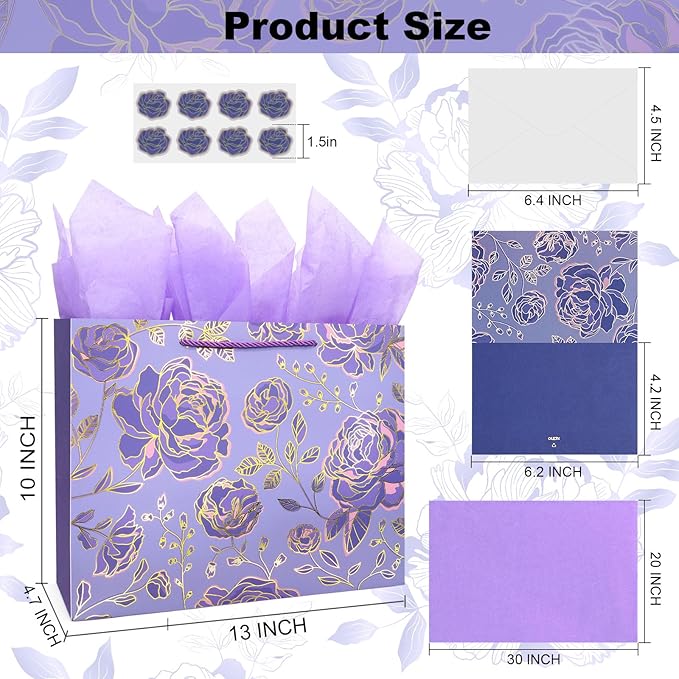 Oletx 13" Gold Purple Flower Paper Gift Bags,Happy Birthday Gift Bags with Tissue Paper Greeting Card for Women's Birthday Party, Wedding Anniversaries,Mother's Day,Valentine's Day