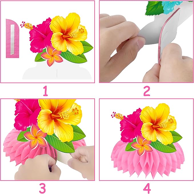 Hawaiian Tropical Party Honeycomb Centerpieces 12Pcs Hibiscus Flower Palm Leaves Centerpieces for Tables Hawaiian Flower Centerpieces Decorations for Hawaii Luau Aloha Party Supplies