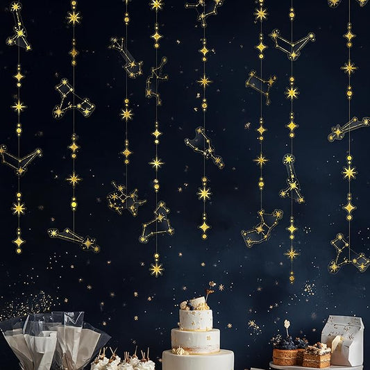 Cheerland Glitter Celestial Party Decorations Constellation Birthday Decoration Star Garlands Witchy Backdrop Astrology Decor Zodiac Theme Banner Hanging Stars Streamer Galaxy Party Suppplies (Gold)