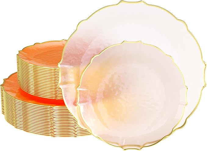 Exquisite Tinted Plates - 80 Piece Plastic Disposable Party Set for 40 Guests - 40 X 7.5 Dessert & 40 X 10 Thin Delicate Fancy Plates - Coral Peach with Gold Rim