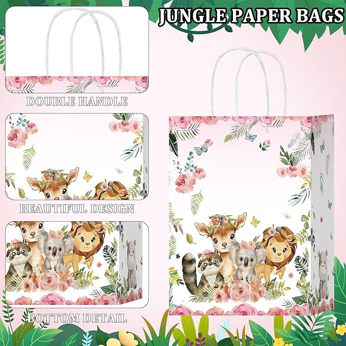 16 Pcs Jungle Animals Goodie Bags Jungle Themed Party Favor Bags with Handles Zoo Animals Print Gift Bag for Birthday Wedding Festival(Pink, 16)