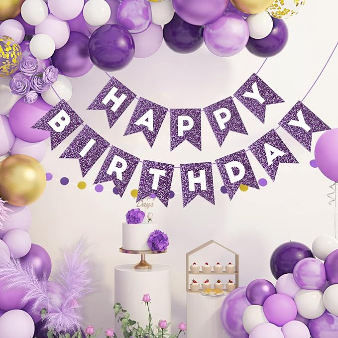 Hooqict Purple Happy Birthday Banner Garland Sign for Backdrop Women Girls Purple Birthday Party Decorations Supplies Wall Door Party Banner