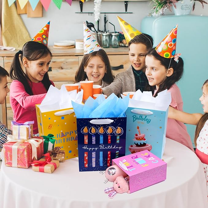 Nihuecne 8 Pack Birthday Gift Bags Assorted Sizes (2 Extra Large 15", 3 Large 13",3 Medium 9") with Ribbon Handle and Tissue Paper, Reusable and Perfect For Wrapping Present