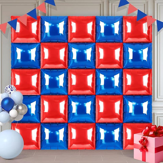 Red and Blue Square Foil Balloons 25 Pcs Metallic Red and Blue Balloons Wall Backdrop for New Year Graduation Birthday Bridal Shower Party Arch Backdrop Decorations