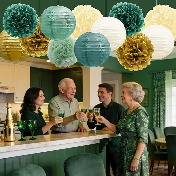 BEISHIDA Green Gold Tissue Hanging Paper Flowers Lanterns Party Decorations Set for Birthday Graduation Baby Shower Bridal Bachelorette Wedding Photo Booth Backdrops Party Supplies(18 Packs)