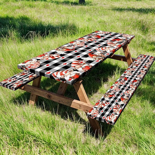 Valentine's Day Picnic Table Cover with Bench Covers, Camping Essentials, Valentines Decor Waterproof Windproof, Fitted Tablecloth Cover with Elastic Edge, Outdoor Table Covers, 3 PCS, 30x60 Inch