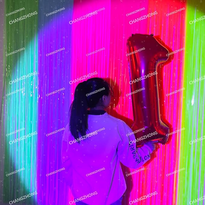 2pcs Glow in The Dark Party Supplies Neon Party Decorations 39 * 78 Inch Polychromatic Fluorescent Macaron Tassel Backdrop Foil Curtain Suitable for Fluorescent Birthday and Light Party Decorations