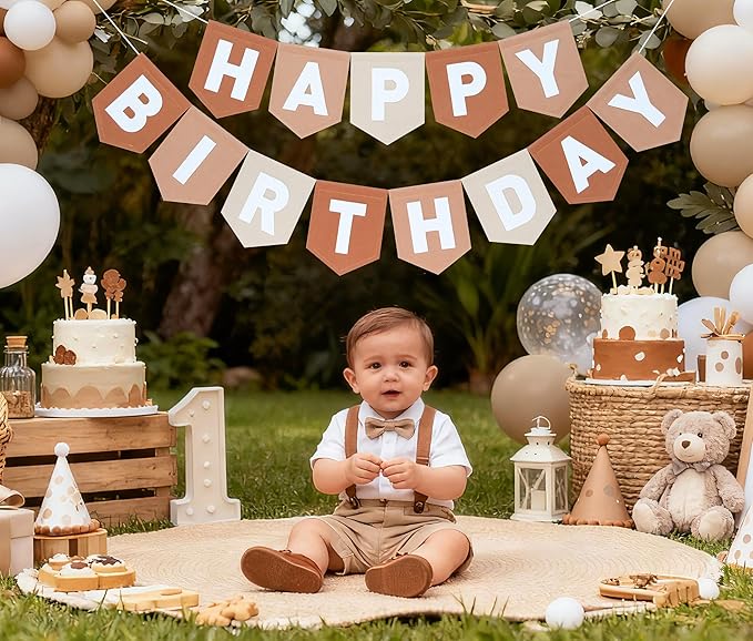 Felt Brown Happy Birthday Banner Birthday Decorations for Women Girls Boys Men Pets Handmade Party Backdrop