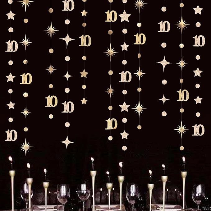 Champagne Gold 10th Birthday Decorations Number 10 Circle Dot Star Garland Streamer Banner Backdrop for Girls Boys Double Digits Cheers to 10 Years Old Birthday Happy 10th Anniversary Party Supplies