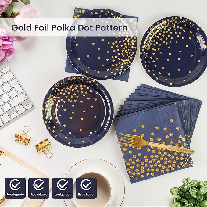 75PCS Blue and Gold Paper Plates and Napkins Party Supplies Blue Gold Dessert Plates Graduation Napkins Disposable Paper Tableware Set for Birthday Graduation Retirement Decorations Serves 25