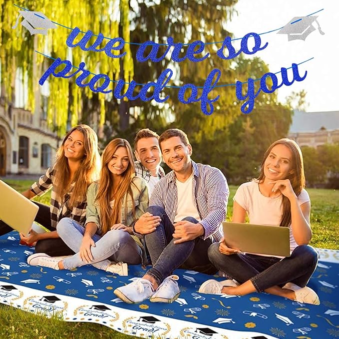 Navy-Blue White-Silver Party-Decoration Graduation Banner - 8pcs Kits Cap Garland Streamers, Paper Tissue Pom Poms Flowers,We are So Proud of You Congratulations Grad 2026 Decor Lasting Surprise