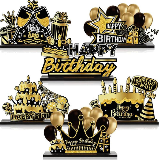 Leinuosen 6 Pieces Happy Birthday Table Centerpiece Black and Gold Happy New Year Wooden Sign Table Topper Party Decoration for Women Men Birthday Baby Shower Photo Booth, 6 Designs