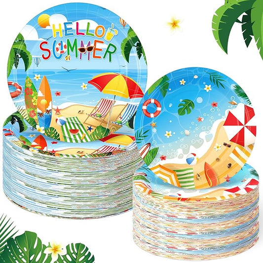 Maxdot 100 Pack Luau Paper Plates 9" & 7" Beach Hawaiian Tropical Disposable Dessert Plates for Holiday Summer Ocean Themed Party Supplies