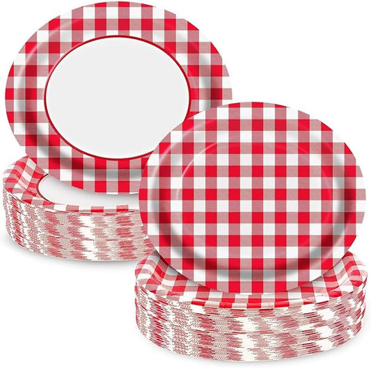 Red Gingham Oval Paper Plates 10" x 12",Large Disposable Heavy Duty Paper Plates Red and White Buffalo Checked Plaid for Birthday Wedding Bridal Baby Shower Christmas Party Supplies,50 Guests