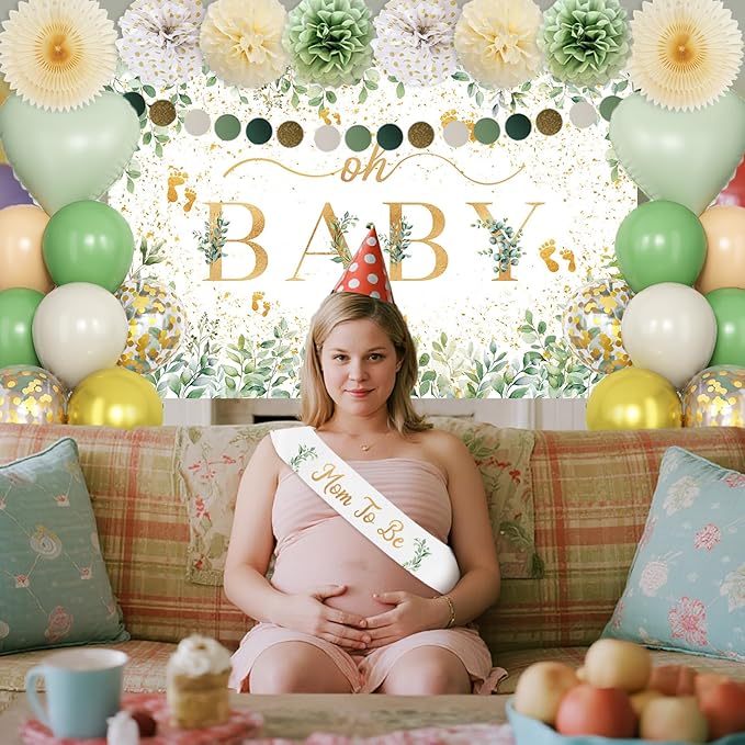 Sage Green Baby Shower Decorations, Oh Baby Neutral Gender Reveal Party Decor Kit With Backdrop, Balloons, Pom Poms, Tassels Garland, Mom To Be Sash & Circle Dots Garland For Baby Girls Boys