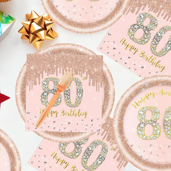 60 PCS 80th Birthday Decorations for Women, 80th Birthday Plates and Napkins Rose Gold Disposable Tableware Set Party Supplies for Women Cheers to 80 Years Anniversary (80TH)