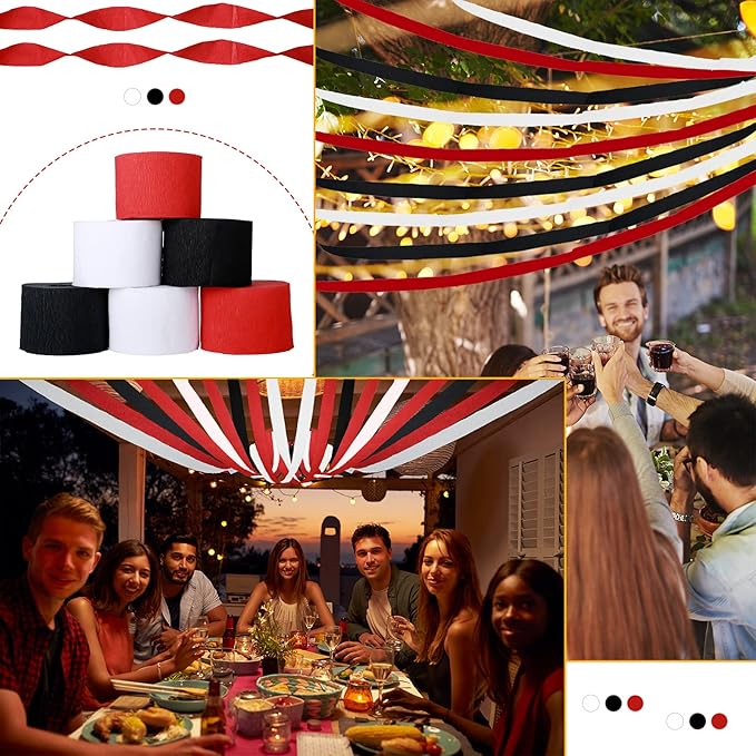 9 Rolls Crepe Paper Streamers Party Decorations 246 Yards in 3 Colors for Xmas Hanging Backdrops Party Decorations Christmas DIY Craft Supplies(Simple Style,Black, White, Red)