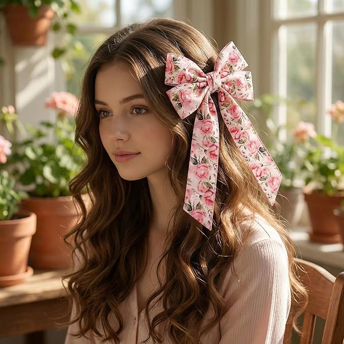 Spring Pink Floral Wired Ribbon, Rose Pattern Decorative Fabric Ribbon with Leaves for DIY Crafts Gift Wrapping Spring Summer Wedding Party Decor, 4 Rolls, 20Yards (Pink)