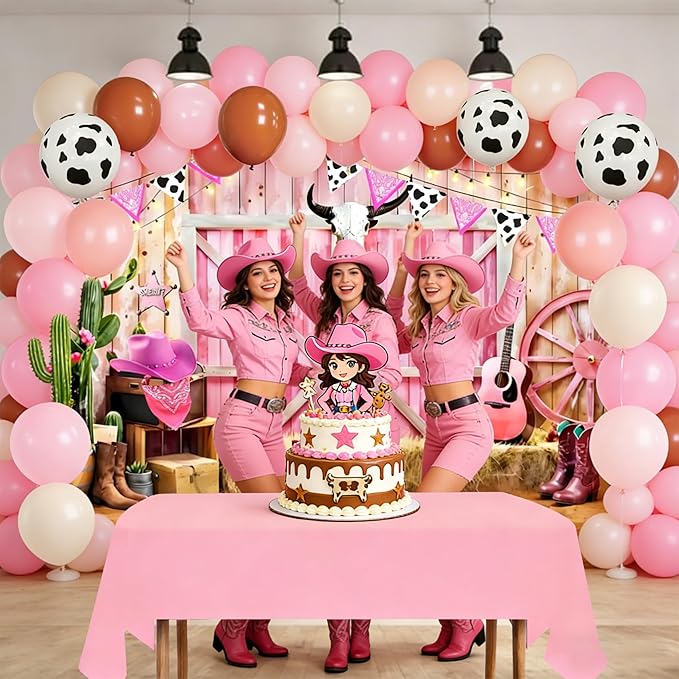74Pcs Cowgirl Party Pink Western Balloon Arch Kit 7x5Ft Cowgirl Backdrop with Tablecloth, 68 Balloons West Rodeo Photo Booth Prop for Girls Cowboy Birthday Party
