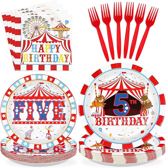 96Pcs Carnival 5th Birthday Party Decorations Carnival Circus 5th Birthday Plates and Napkins Tableware Sets Circus Theme Decorations for Kids Five Years Old Supplies Serves 24