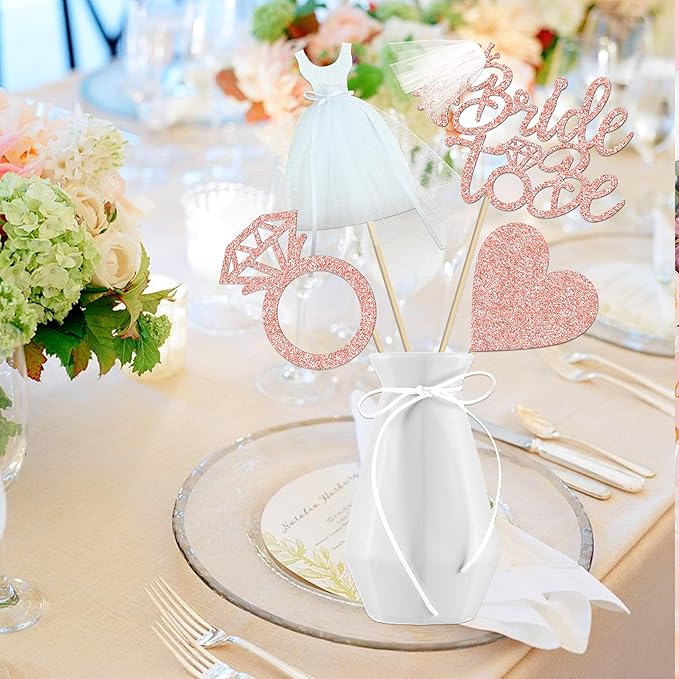 12pcs Glitter Bridal Shower Centerpiece Sticks Bride to Be Party Centerpiece Decorations for Table Bride White Dress Ring Theme Party Table Toppers for Engagement Wedding Party Supplies