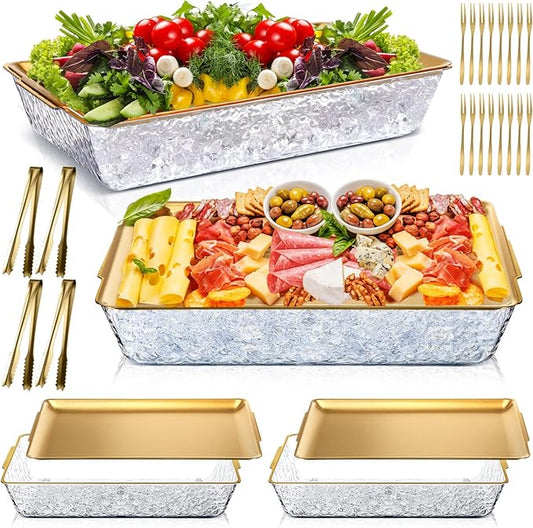 Baderke 4 Set 16" x 9.45" Chilled Serving Tray for Parties with Compartments Ice Chilled Party Platter Charcuterie Serving Board with Forks Tongs for Fruit Seafood Vegetable Appetizer (Gold)