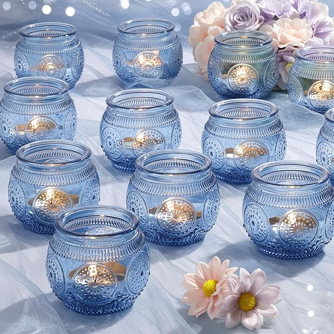 24 Pcs Blue Votive Candle Holders for Bridal Shower Decorations- Floral Style Dusty Blue Candle Holder for Wedding Table Centerpieces, Baby Shower Decor