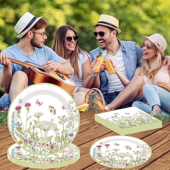 40 pcs Pary Paper Plates and Napkins Disposable Spring Flower 9 inch 20 pcs Dessert Party Plates & 20 pcs Napkins Tableware for Wedding Party Decorations