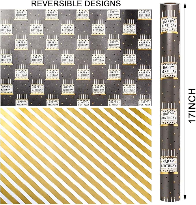 MAYPLUSS Birthday Cake Wrapping Paper Roll - 17 Inch X 33 Feet - Elegant Metallic Charcoal Grey Birthday Cake Pattern Reversible Boy Gift Wrap Paper for Men, Baby Shower, Father's Day, Party