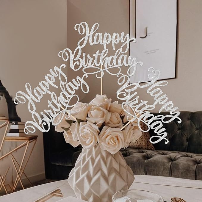12 PCS Happy Birthday Centerpieces Sticks Double Sided Glitter Birthday Party Decorations Anniversary Table Flower Centerpiece for Celebrating Birthday Party Centerpieces Supplies Silver