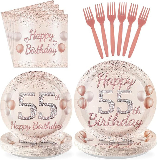 96 Pcs 55th Birthday Party Supplies for Women Rose Gold 55 Years Old Paper Plates and Napkins Tableware Set Disposable 55th Birthday Decorations for Ladies Women 55 Years Old Party Serves 24