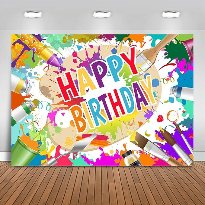 Mocsicka Art Paint Happy Birthday Backdrop Banner Painting Themeed Birthday Party Decorations Sip and Paint Happy Birthday Background for Photography (Colorful, 10x7ft(120"x82"))