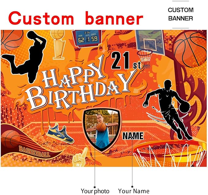 Custom Basketball Theme 21st Birthday Decorations Banner - Personalized Fabric Banner for 21st Birthday Party Supplies